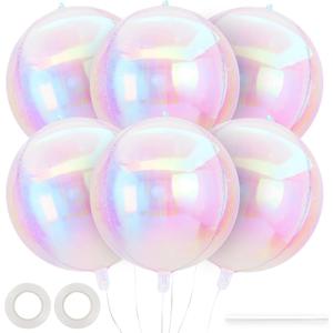 6 Pcs 22 Inch Iridescent Round Foil Balloons,4D Holographic Ball Balloons Mirror Ball Mylar Balloon for Wedding Anniversary Birthday Disco Party Decorations (6 Pcs Iridescent Balloons)