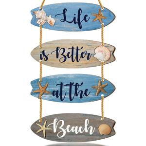 Wooden Surfboard Beach Decor Sign Beach Bathroom Decor Sign Summer Blue Nautical Coastal Wall Art with Seashells Starfish Rope Hanger Ocean Theme Hanging Ornament for Living Room Bedroom