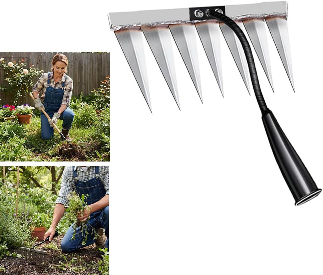 2 x Iron Rake for Weeding, Garden Metal Rake Heavy Duty with 7 Tines, Garden Weeding Rake Tools, Sharp Gardening Weed Rake Tool, Hand Rake Weeder Tool Weed Puller for Backyard Farm Planting Weeding
