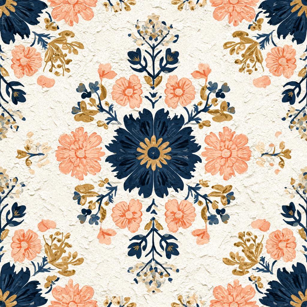 IOHEFY Peel and Stick Floor Tiles 12x12 Inch Beige and Blue Vintage Floral Pattern Self Adhesive Vinyl Flooring Planks with Orange Flowers for Kitchen Bathroom Bedroom Living Room DIY Home Renovation