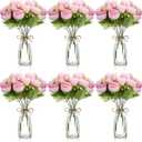 Thiccywoov 19 Pack Artificial Peony Flowers with Vase Bulk, 12 Bundles Faux Peony Bouquet 6 Vase with 1 Rope Silk Flower Arrangement Wedding Table Centerpiece for Wedding Bridal Shower(Hot Pink)
