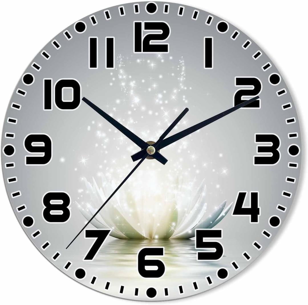 Lotus Flower Wall Clock 10 inch Round Silent Non Ticking Wood Wall Clocks Battery Operated Easy to Read Decorative Wall Clock for Bedroom Kitchen Living Room Bathroom