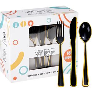 WDF 180 Pieces Black and Gold Plastic Silverware -Halloween Black Plastic Cutlery Incluede 60 Forks 60 Knives 60 Spoons Heavy Duty Disposable Flatware - Gold Utensils for New Year/Party/Daily Use