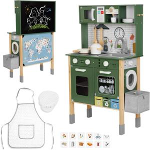 OOOK Kids Kitchen Playset for Toddlers 3-5 Years, Wooden Play Kitchen for Toddlers with Coffee Maker, Microwave, Dishwasher and Washing Machine