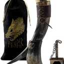FENRIR Viking Drinking Horn With Stand & Leather Holster - 16 oz | Viking Gifts for Men | Thor Bottle Opener | Norse Horn Cup For Beer, Ale, Mead | Leak Proof, Food Grade | Natural Polished (ORGANIC FINISH WITH STAND)