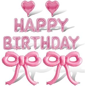Pink Bow Balloons Pink Happy Birthday Balloons Banner Heart Foil Balloon for Bow Themed Party Decor Supplies Bachelorette Birthday Decoration Ballons Arch Kits Party Balloon Set 17pcs