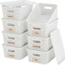 8-Pack White Plastic Storage Baskets with Lids, Label Organizers, Stackable Organizer Containers: For Organizing Shelves, Drawers, Desk Closets, Playrooms, Classrooms, Offices