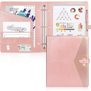 Toplive Padfolio 3 Ring Binder Organizer for Women, Business Portfolio for Women A4 Letter Size PU Leather Folder for Interview Conference Presentation, Rose Gold
