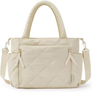 BAGSMART Tote Bag for Women, Puffer Tote Bag with Zipper, Shoulder Bag Handbag Quilted Tote Bag for Travel, Sport, Work (Large, Beige-fits 15.6" Laptop)