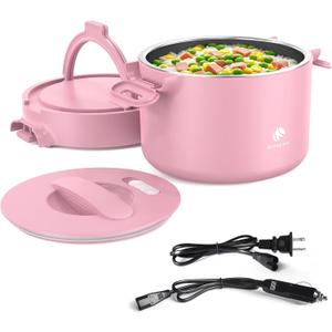 Portable Electric Lunch Box,Food Warmer Cooker,12/24/110V Heated Lunch Box for Car/Truck/Office- Ideal for Men & Women Gifts,100W Mini Portable Food Warmer Heater,Warming Soup & Meal,Smart Keep Warm (Pink)