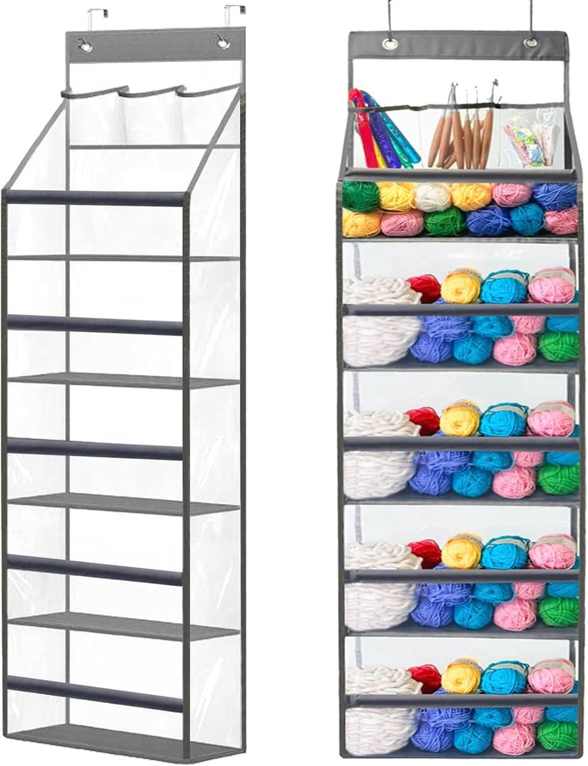 Hanging Yarn Storage Organizer,Large Capacity Yarn Storage Bag with 5 Yarn Balls Storage Pockets & 3 Top Crochet/Knitting Needles Pockets,Transparent Door Hanging Knitting Organizer Storage (Clear)