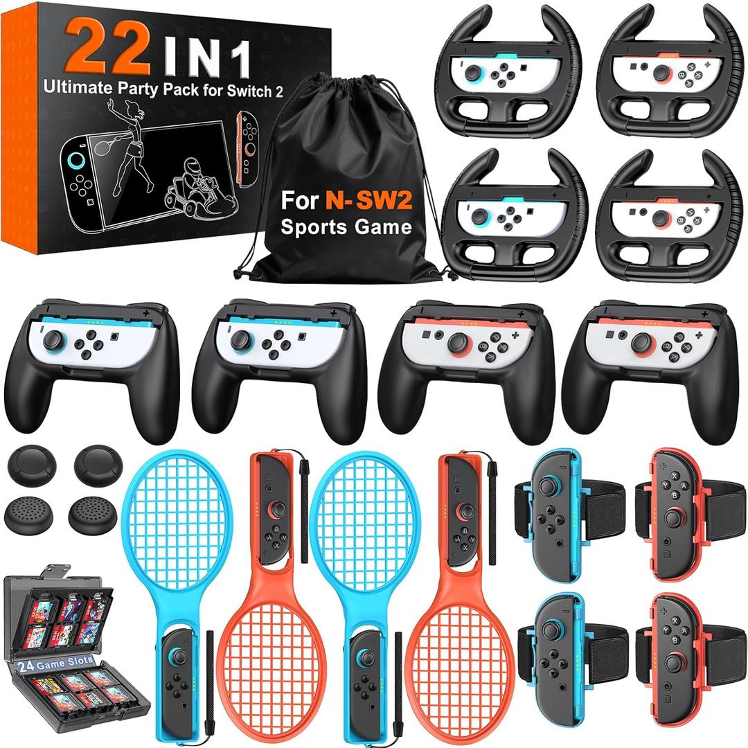 Switch 2 Sports Accessories Bundle 22 in 1 Family Party Kit for Nintendo Switch 2 Only, with Tennis Rackets, Steering Wheels, Wrist Straps, Grips, Joystick Caps, Card Case & Storage Bag