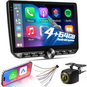 4+64G Android 15 Car Stereo with Wireless Carplay & Android Auto - 10 Inch Touchscreen Radio with EQ/DSP/5G WiFi/GPS Navigation/SWC + AHD Rear Camera