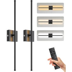 28.3" Battery Operated Wall Sconces Set of Two, 3 Color Dimmable, 15000mAh Rechargeable Wall Sconces Set of 2 with Remote Control, Wireless Wall Lights for Bedroom, Living Room, Hallway (Black)