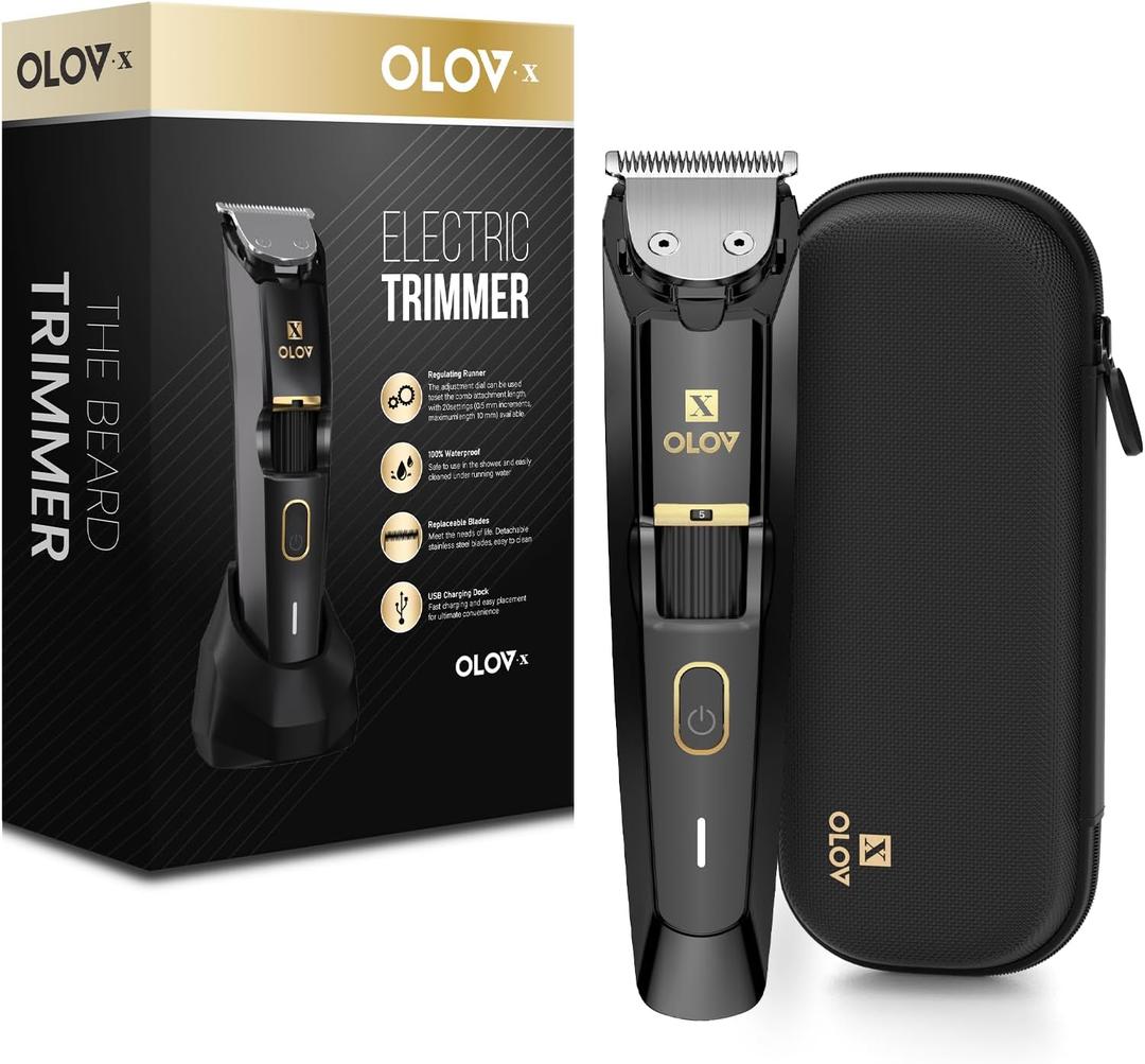 Men's Beard Trimmer - All-in-One Trimmer with Precision Dial - Premium Facial Hair Groomer - Adjustable 20 Length Setting, USB Recharge Dock, Cordless Waterproof Wet/Dry Clipper (Black)