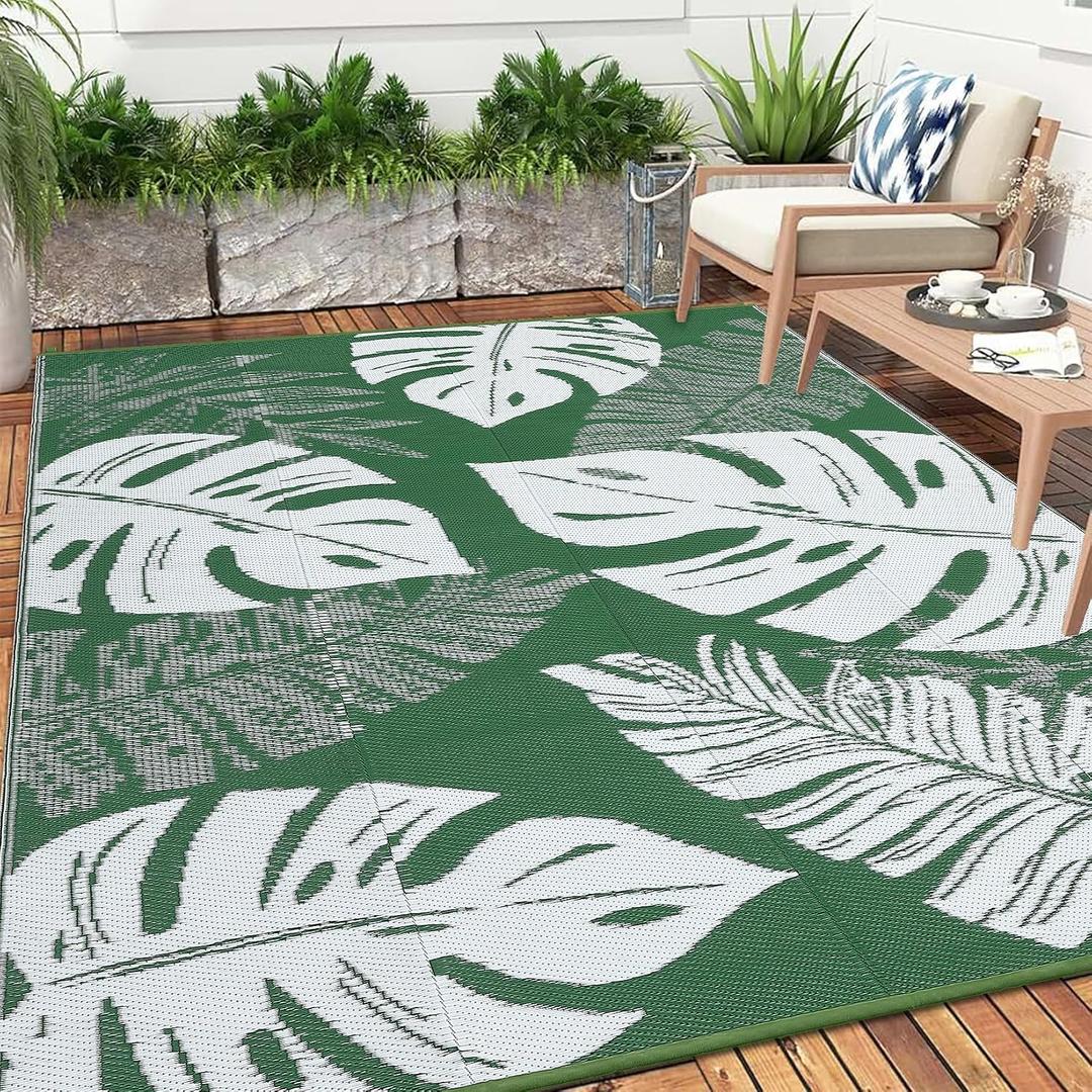 Waterproof 9x12 Outdoor Rug for Patio Reversible Plastic Straw Rug Leaves Camping Carpet with Carry Bag, Stain & UV Resistant Portable RV Carpet for Camper Deck Balcony Porch Beach Picnic Green