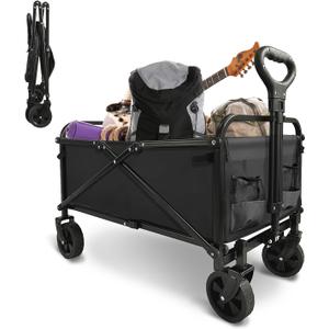 Collapsible Foldable Wagon, Beach Cart Large Capacity, Heavy Duty Folding Wagon Portable, for Outdoor Sports, Shopping, Camping, Black