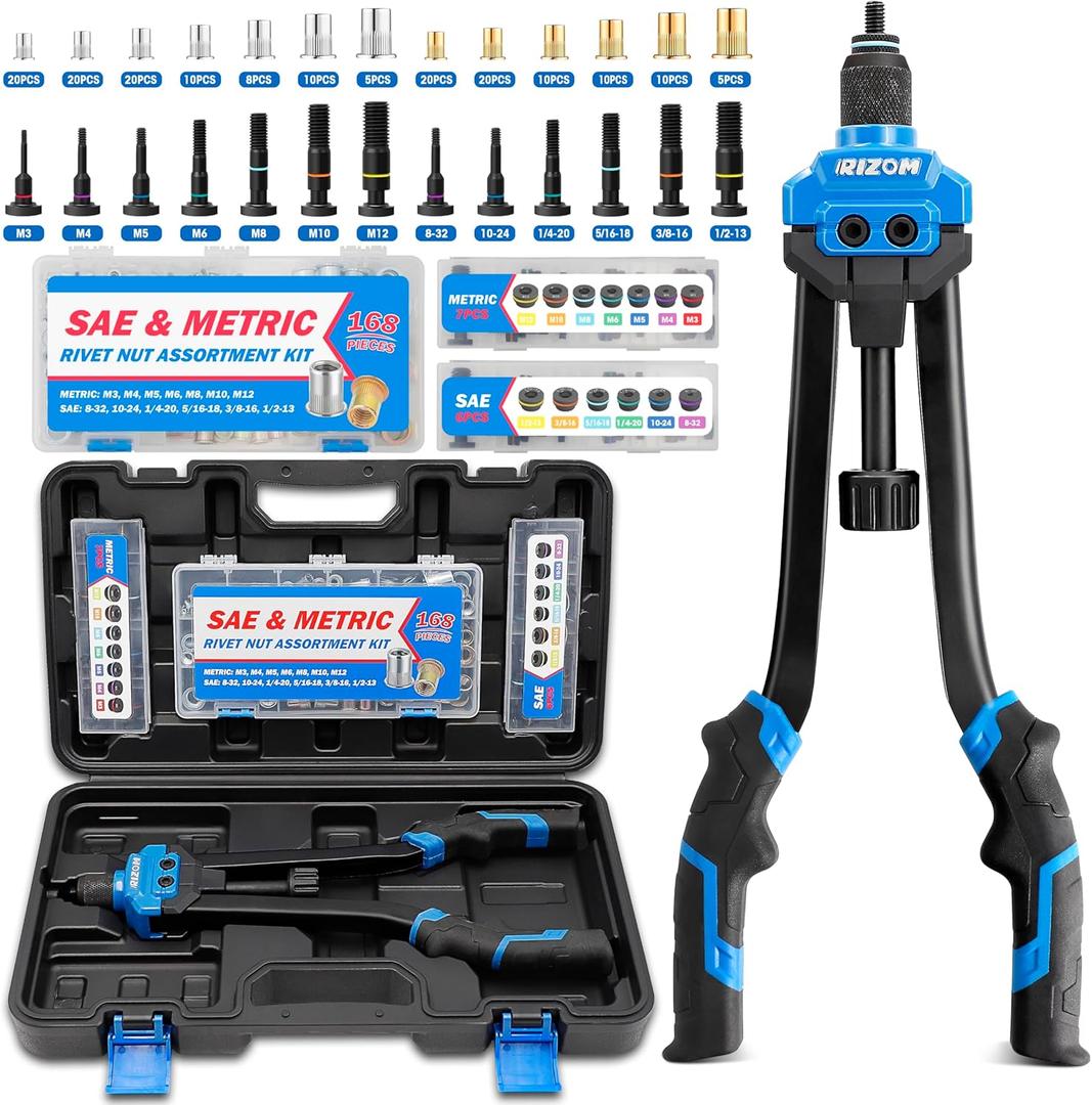 Rizom Rivet Nut Tool, 16 Rivnut Tool Kit with 13 Metric and SAE Mandrels, Threaded Nutsert Tool, 168PCS Rivet Nut Assortment Kit in Organized Carrying Case