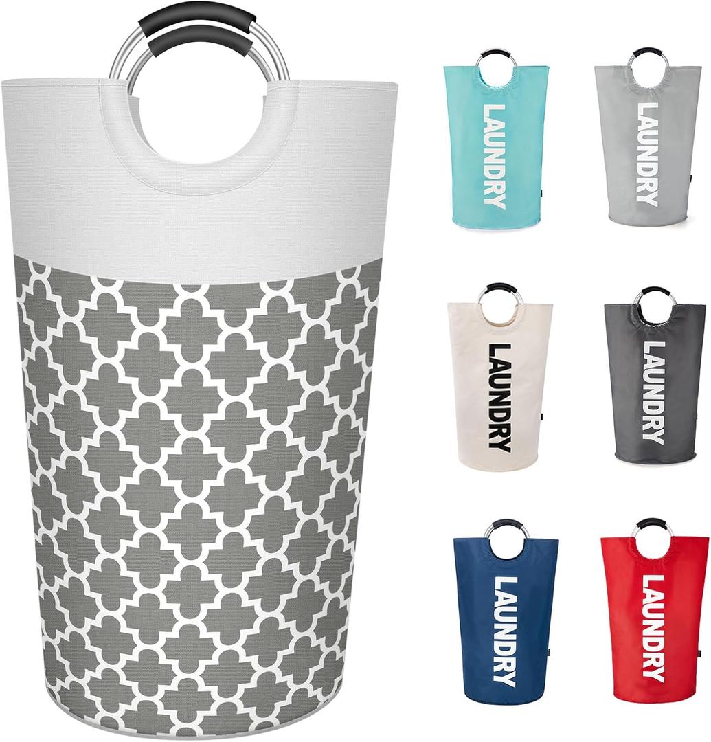 Twira 90L Large Laundry Basket, Laundry Hamper Stands Up Well, Laundry Bag with Padded Handles, Waterproof Clothes Bin Collapsible, Clothes Hamper for Bathroom, Laundry, CollegeGrey Quatrefoil