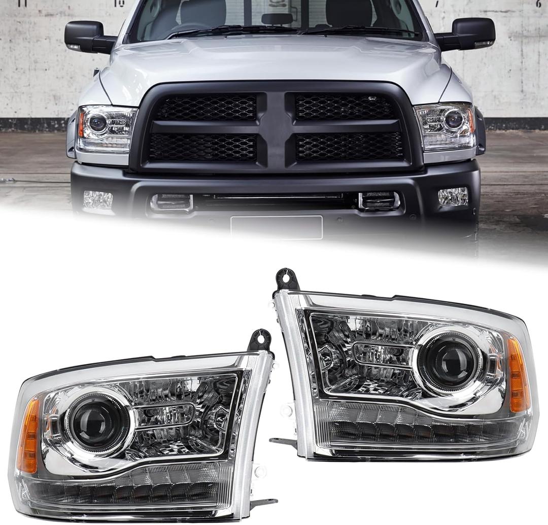 Duolctarms Factory Style 9PINS LED Chrome Housing Amber Reflector Headlight Headlamp Assembly Compatible for 2013-2018 Dodge Ram 1500 2500 3500 W/LED DRL and Bulbs Left & Right (Chorme)