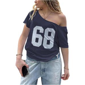 Milumia Women's Plus Size Number Print Jersey Shirt One Shoulder Short Sleeve Tee Tops T Shirt (XL)