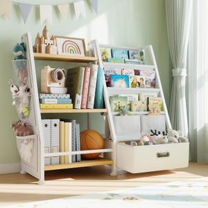 Kids Bookshelf and Toy Storage Organizer: Book Shelf for Kids Room with Drawer to Store Books and Toys Organizer - 3 Tier Toddler Bookshelf with 3 Side Pockets for Nursery, Bedroom (Burlywood) (Burlywood-2 Column)