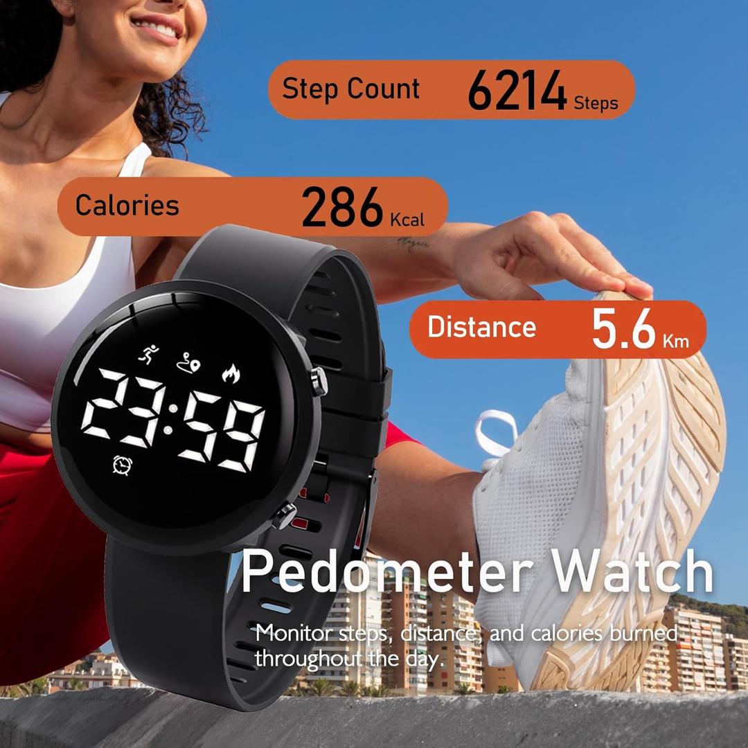 Fitness Watch Step Counter Calorie Waterproof Pedometer Watch Vibrating Alarm Activity Tracker Digital Watches for Men Women Running (NO APP)