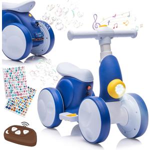Electric Baby Balance Bike with Bubble Machine for 1 Year Old Boys Girls 4 in 1 Toddler Balance Bike 12-48 Month Kids Bubble Bike Ride Toys First Birthday Gift with Powered Motor,Music,LED Lights, Child-sized