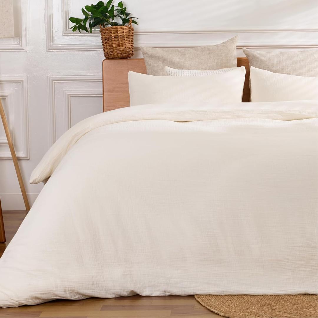 RENEWROOTS Off White Duvet Cover King, 100% Sandwashed Cotton Soft King Size Duvet Cover Set 3 Pieces with Zipper Closure & Corner Buttons (Off White, King 104 x 90)