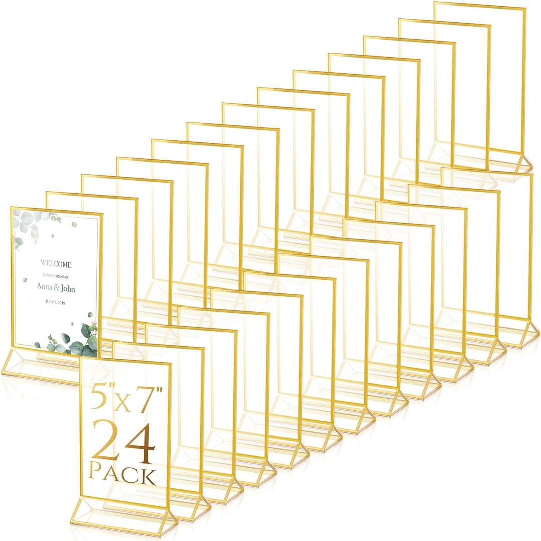 24 Pack Gold Frames Clear Acrylic Double Sided Frames Display Signs Holder Bulk with Stand 2 mm Gold Border for Table Numbers Wedding Restaurant Office Home Photo(5 x 7 Inch, Vertical)