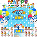 BIGKEOKI Space Birthday Party Decor Pack - Blue, Cartoon, Banner, Backdrop, Cake Topper, Cupcake Toppers, Balloons