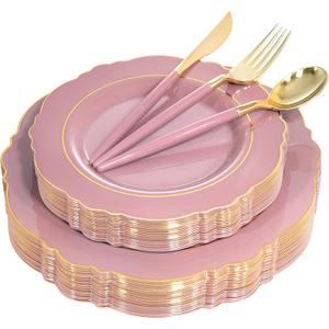 Nervure 100PCS Mauve Pink Plastic Plates With Gold Rim - Mauve and Gold Disposable Plates with Mauve Handle For Wedding & Party Serve for 20 Guests