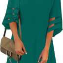 LookbookStore Women Casual Crewneck Mesh Panel 3/4 Bell Sleeve Loose Tunic Dress (X-Large, Evergreen)