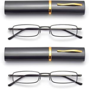 Slim Pocket Reading Glasses Men Women, Compact Readers Super Clear Lens, Spring Hinge Metal Frame Eyeglasses 2.0 x