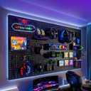 RGB Gaming Wall Organizer Peg Board with RGB LED Strip Lights, 4PCS Metal Gamer Wall Decor Peg Board with 20 Peg Hooks, DIY Gaming Setup Organizer PegBoard Gaming Wall Accessories 12 * 24