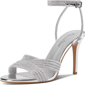 Women's Rhinestone High Heel Sandals Sparkly Stilettos Heeled Ankle Strap Stilettos Round Open Toe Dressy Weddings Sexy Sandals Shoes