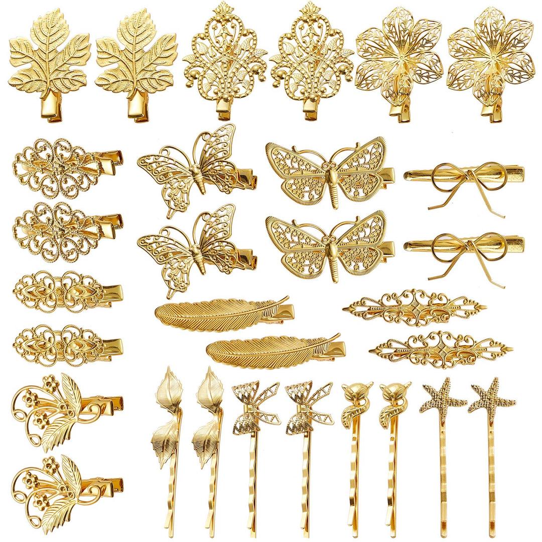 inSowni 30 Pack/15 Pairs Gold Metal Alligator Hair Clips Barrettes Bobby Pins Leaf Flower Butterfly Decorative Accessories for Women Girls