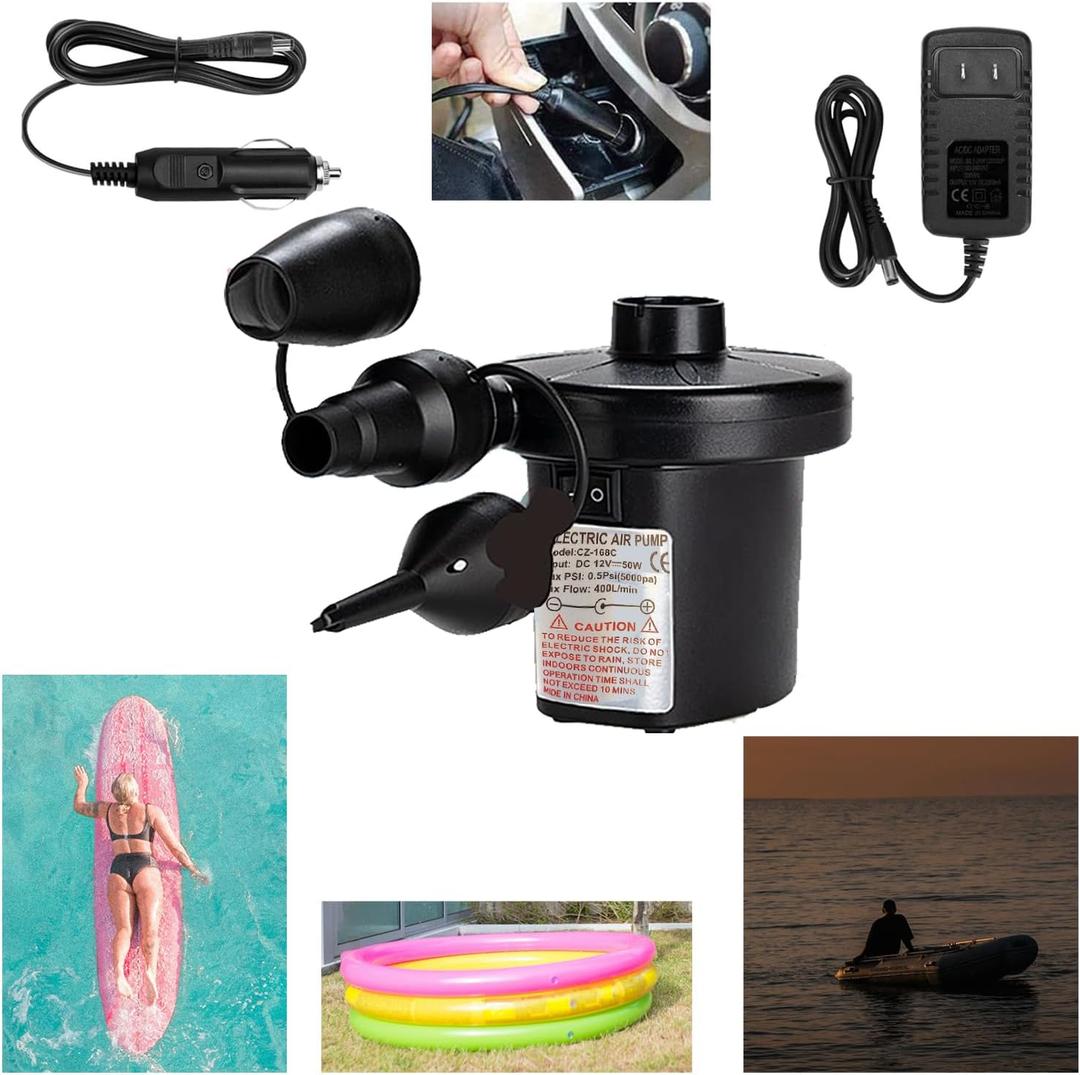 Electric Air Pump for Inflatable with 3 Nozzles, 110V AC/12V DC, Portable Air Mattress Pump, Quick Fill Inflator Air Pump Perfect for Outdoor Camping Inflatable Raft Boat Blow Up Pool Water Toy Bed