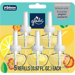 Glade PlugIns Refills Air Freshener, Lemon Zest & Poppy, Scented and Essential Oils for Home and Bathroom, 0.67 Fl Oz, 5 Count