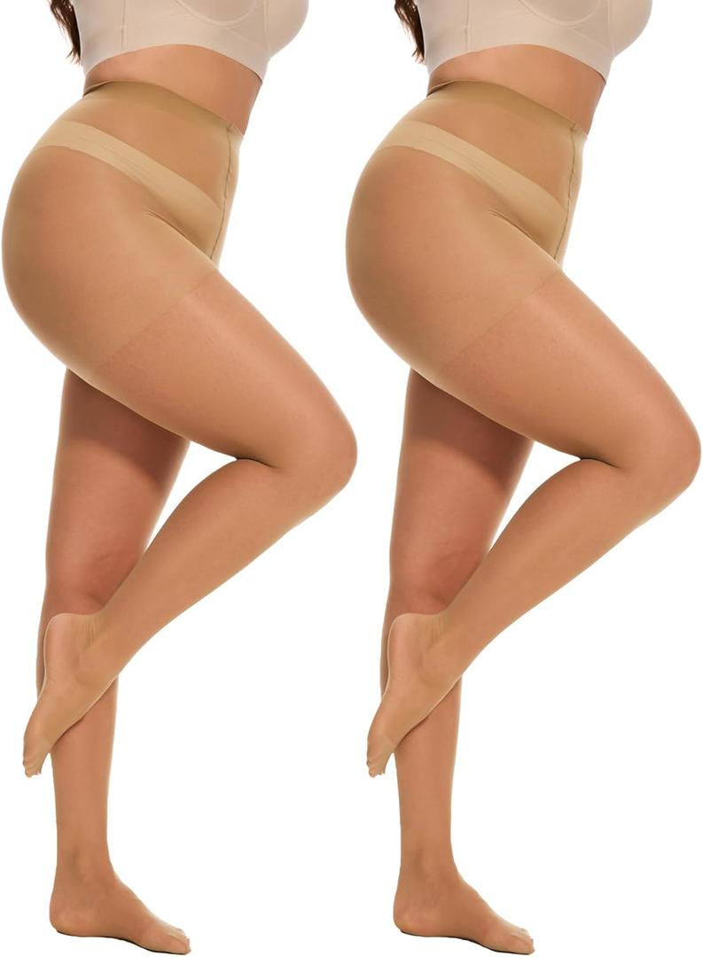 Citystl 2 Pairs Plus Size Sheer Tights for Women - 20D Black Tights Control Top Pantyhose with Reinforced Toes, Supple Feel (X-Large Plus, Gentle Nude)