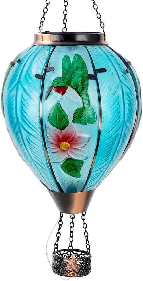 Large Hot Air Balloon Solar Lantern with Flame | Handmade Glass, Waterproof Outdoor Lanterns, Decor for Patio, Garden, Porch
