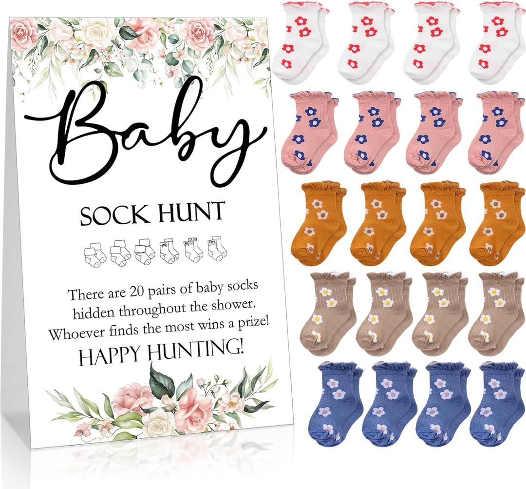 Hoteam 21 Pcs Baby Shower Games Include Baby Sock Hunt Sign and 20 Pair Small Cotton Socks Wooden Table Sign with Holder for Gender Reveal Party Favors(Flower Style)
