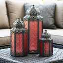 VELA LANTERNS Set of 3 Red Glass & Black Metal Moroccan Candle Lantern Holders (XL, Large, Small) - Decorative Indoor/Outdoor Decor for Patio, Floor, Weddings & Ramadan