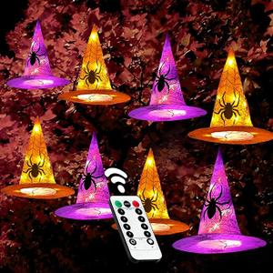 Battery Operated Halloween Lights Witch Hat Decoration,8 Pack Orange and Purple Hanging Lighted Hats with 56 LED Warm White Lights with Remote, Floating Witch Hat Light for Indoor Outdoor Decoration