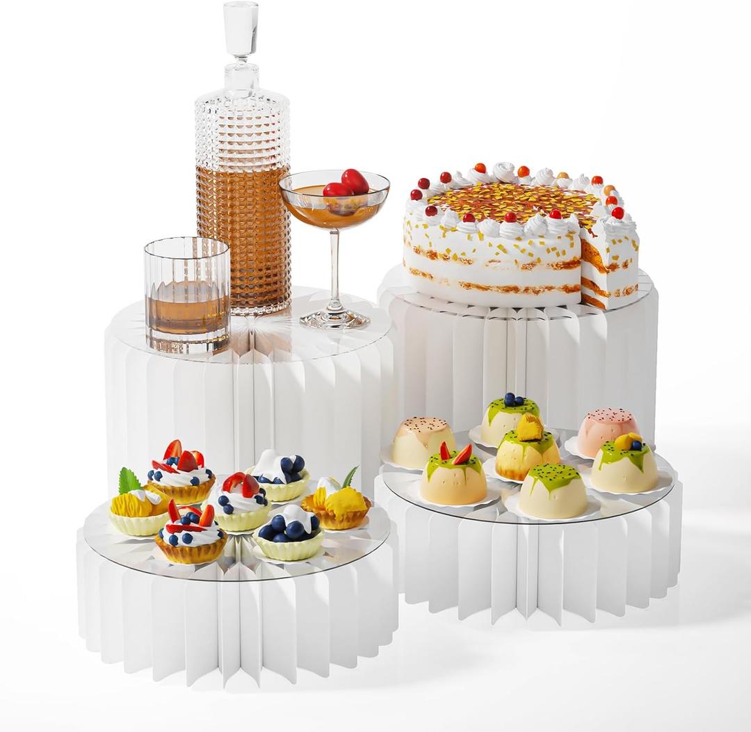 HeiMma 4 Pack Buffet Risers, FOLDABLE Accordion Food Display Risers for Dessert Table,Dessert Table Display Set, White Cardboard Cylinder Cake Cupcake Stands for Party, Multi-height, 12in Round