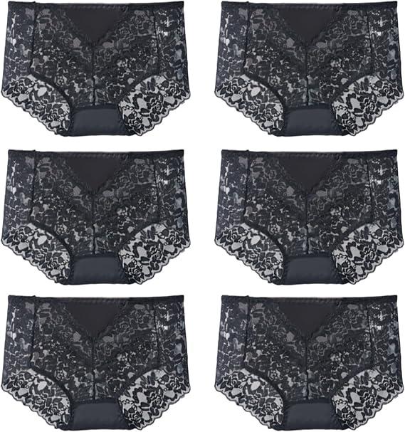 Sexy High Waisted Underwear for Women Plus Size Briefs Breathable Lace Panties High Waisted Cheekster Granny Panties (6pcs-Black)