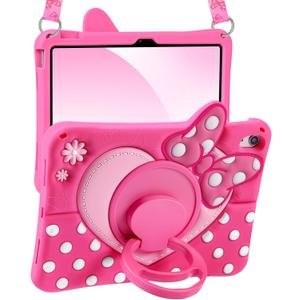 Boaretiu Kids Case for iPad A16 11th Generation 11 Inch 2025/for iPad 10th Gen 2022 10.9 Inch - Cute Girly Cartoon Soft 3D Silicone Cover with Strap & Rotating Stand for Girls Teens, Bow Heart