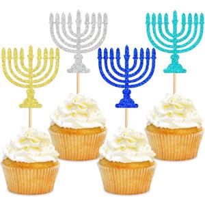 24 PCS Happy Hanukkah Cupcake Toppers Candlestick Hexagram Cake Topper Decorations Chanukkah Theme Party Supplies (Blue1)