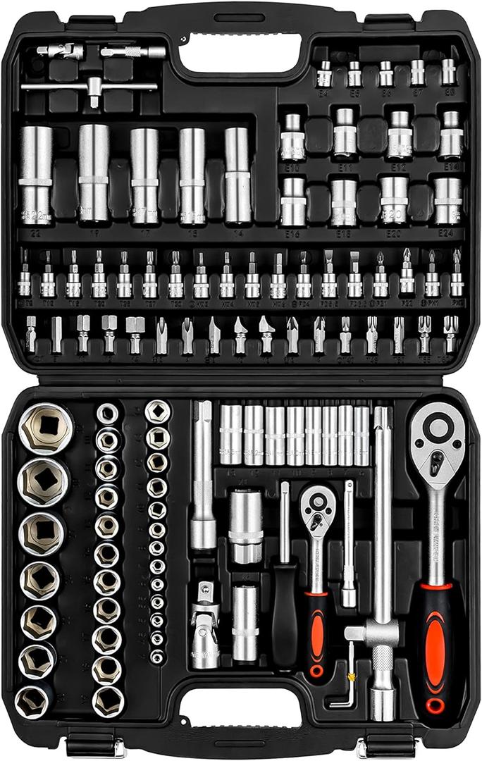 XHTT Mechanics Tools Kit,108-Piece 1/4"&1/2 Metric And Standard Socket Set,Ratchet Set,Quick Release Reversible Ratchet Wrench,Universal Joint,Extension Bars.