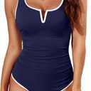 Tempt Me Womens One Piece Swimsuit - Tummy Control Bathing Suit V Wired Ribbed Full Coverage 2025 Swimwear (Large, Navy Blue and White)
